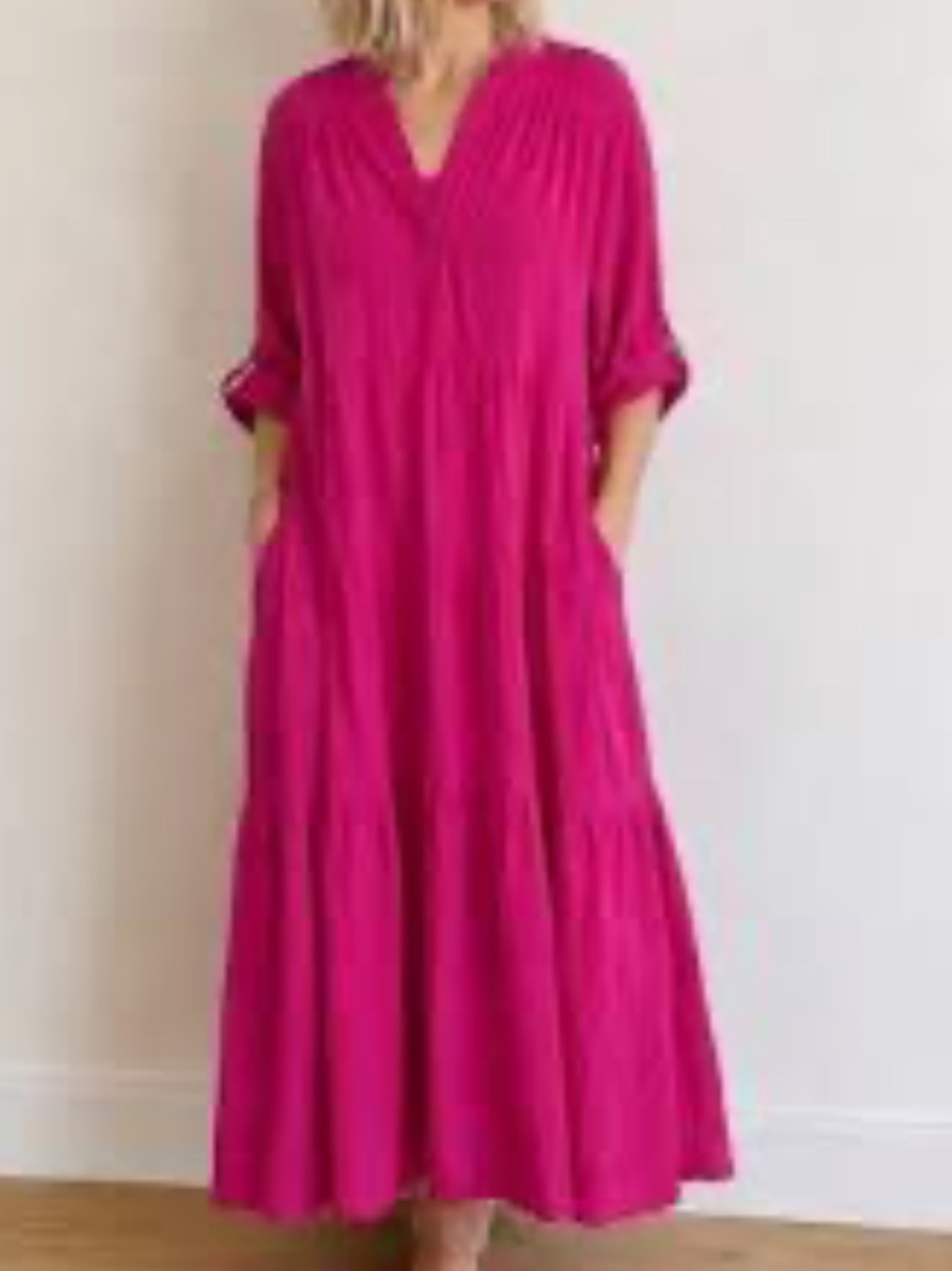 Chico's Fuchsia Organic Cotton Tiered V-Neck Maxi Dress. Size‎ 3.